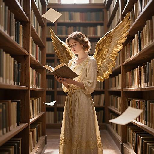 Photograph-like digital art of a young woman with golden wings, wearing a golden dress, reading a book in a sunlit library aisle.