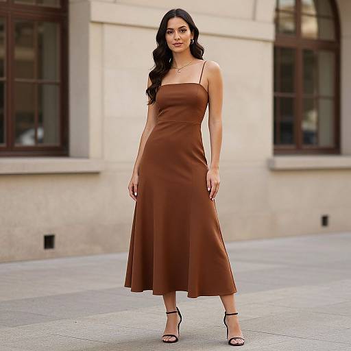 Photograph of a woman with long black hair, wearing a brown, sleeveless, knee-length dress, and black sandals, standing on a city sidewalk