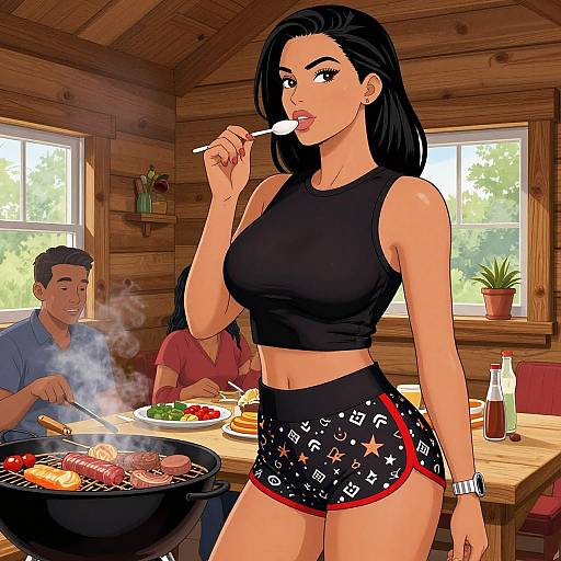 Digital illustration: Attractive woman with black hair, black crop top, and star-patterned shorts, eats from a fork while standing in a wooden cabin