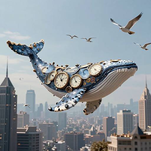 Digital artwork of a blue whale adorned with vintage clocks, soaring above a cityscape with skyscrapers and flying birds.