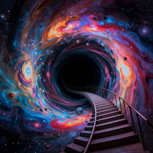 Digital art: Curved staircase leading into swirling, colorful cosmic vortex with vibrant orange, blue, and red nebulae, stars, and planets in