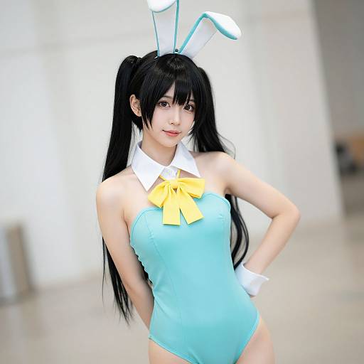 Photograph of an Asian woman with long black hair in a light blue bunny suit, white collar, yellow bowtie, and white bunny ears, standing