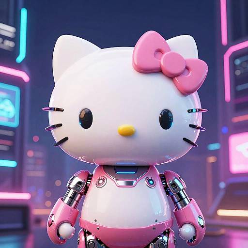 Digital CGI of a futuristic, robotic Hello Kitty with a pink bow, glowing neon cityscape background, and vibrant neon lights.