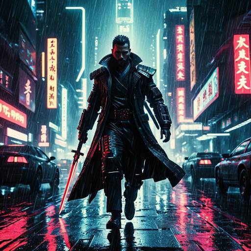 Neon Samurai Warrior in Futuristic Rainy City
