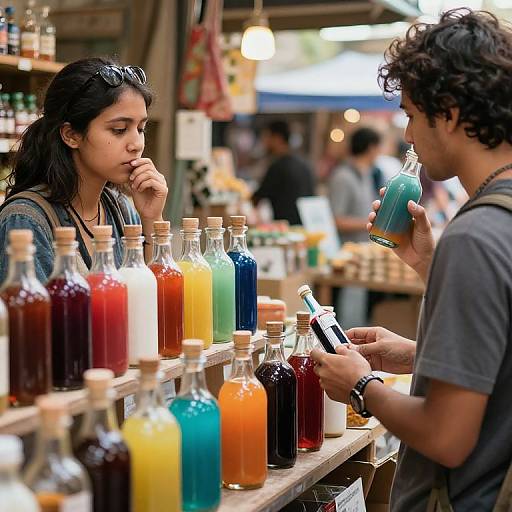 Photograph of a market stall with colorful glass bottles, a young woman with dark hair and a man with curly hair, both selecting flavors.
