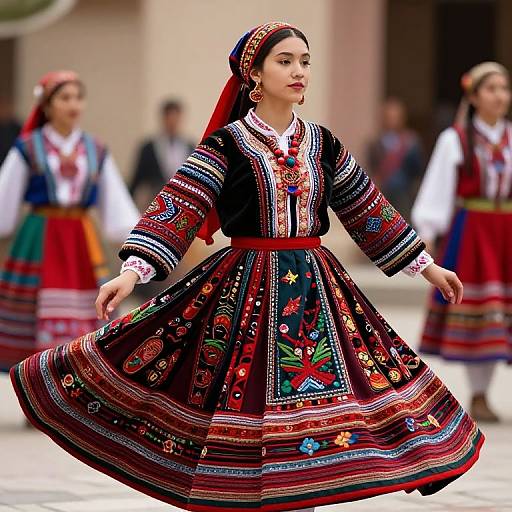 Photograph of a young woman in traditional, vibrant, embroidered folk dress with red headscarf, dancing in a blurred outdoor village setting.