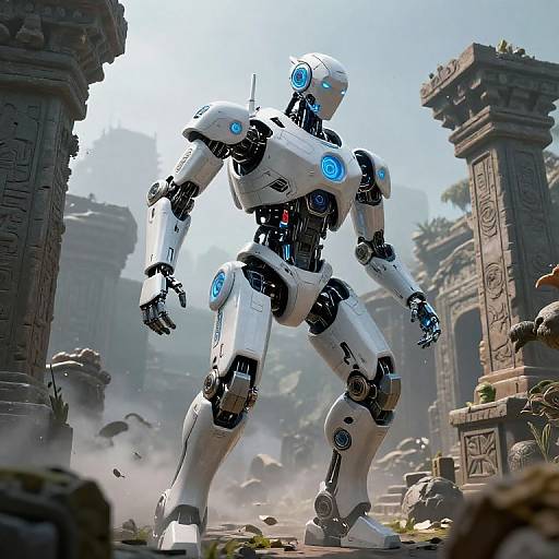 CGI image of a white, glowing blue-eyed humanoid robot standing amidst ancient, ruined stone pillars with scattered debris and mist.