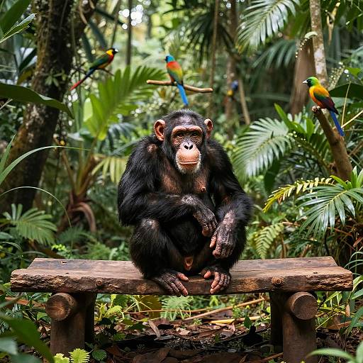 Photograph of a black-faced chimpanzee sitting on a wooden bench in a lush, green jungle, surrounded by vibrant parrots.