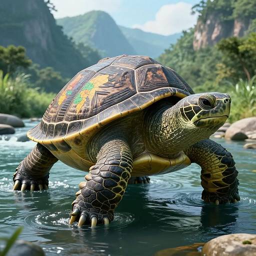 Photorealistic image of a large, detailed turtle with vibrant yellow and brown shell patterns, wading in a clear, rocky stream surrounded by lush,