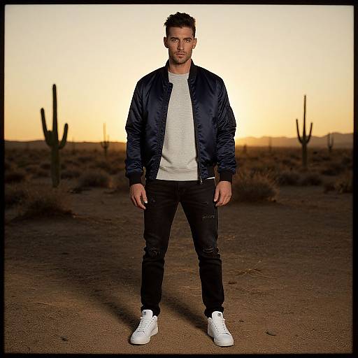 Photograph of a young man with short dark hair, wearing a navy jacket, white t-shirt, black jeans, and white sneakers, standing in a