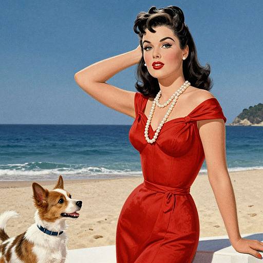 Vintage-style digital drawing of a fair-skinned woman with dark hair, red dress, pearl necklace, and red lipstick, sitting on a beach with a