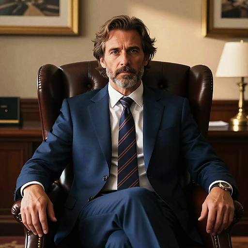 Photograph of a middle-aged man with gray beard, wearing a navy blue suit, striped tie, and white shirt, sitting in a leather office chair