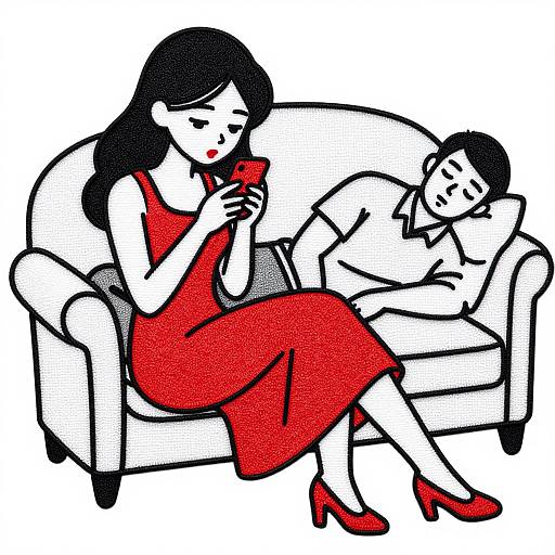 Illustration of a black-haired woman in a red dress and red heels reading on a couch, while a black-haired man in a white shirt rests beside