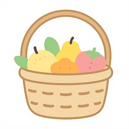 Digital illustration of a beige wicker basket filled with colorful fruits, including yellow peaches, green leaves, orange fruit, pink apple, and yellow pear