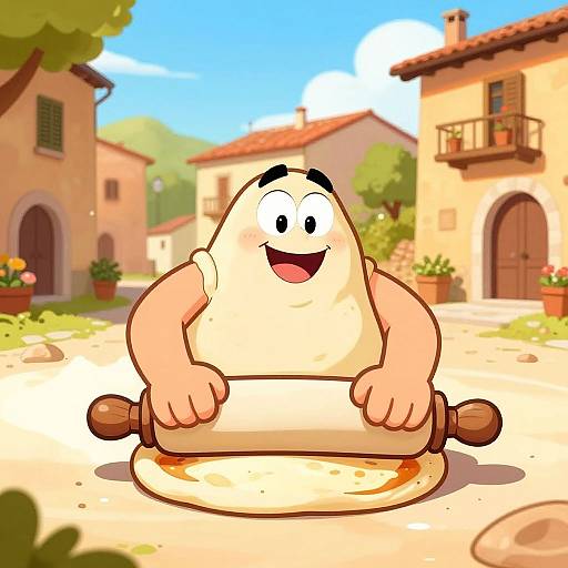 Cheerful Cartoon Pizza Dough in Village