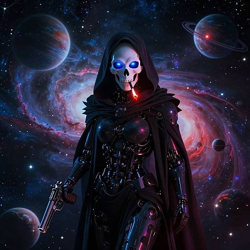 Digital artwork of a skeletal figure with glowing blue eyes, black hooded cloak, and dual guns, standing in a vibrant, cosmic galaxy background with neb