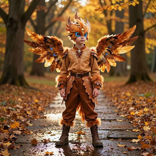 Photograph of a young boy in a fantasy costume with orange feathered wings, blue eyes, and autumn forest background.