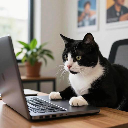 Photograph of a black and white cat with green eyes, lying on a wooden desk and staring at an open laptop. Background includes blurred office plants and