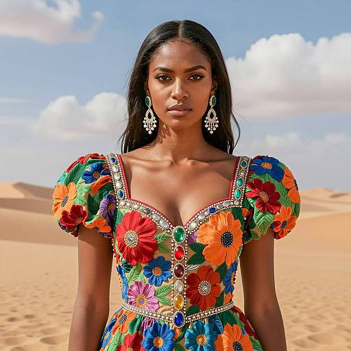 Woman in Ornate Floral Dress in Desert