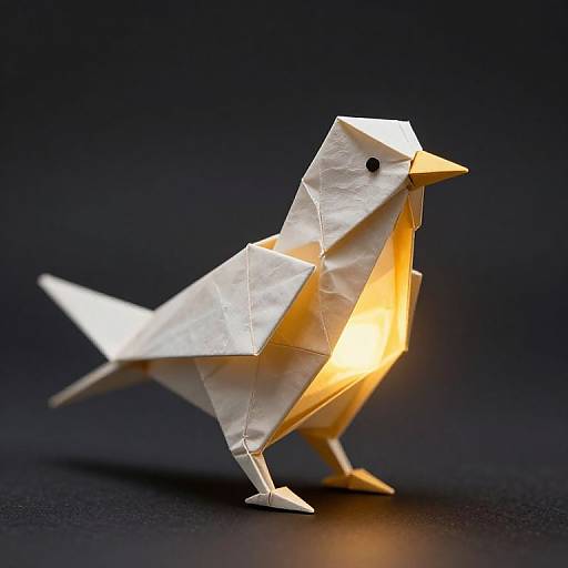 Photograph of a white origami bird illuminated from within, standing on a black background, with soft yellow light glowing from its body.