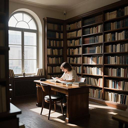 Photograph of a woman with curly brown hair, wearing a white blouse, reading at a wooden desk in a sunlit library with tall arched window