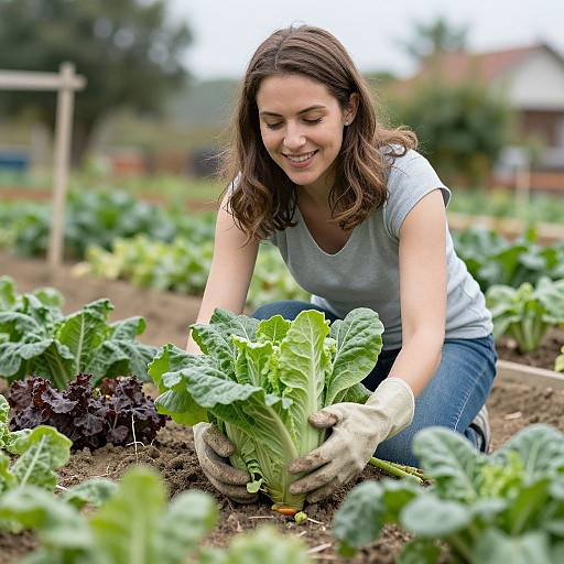Photograph of a smiling young woman with brown hair, wearing a white shirt and gloves, planting leafy green lettuce in a garden.