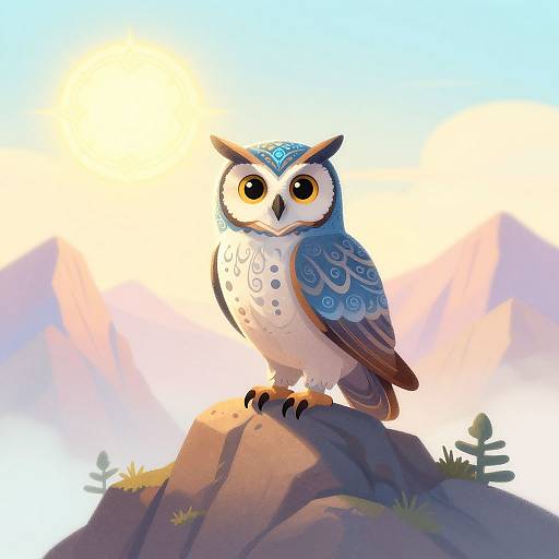 Digital painting of a blue and white owl with large yellow eyes, perched on a rock, against a bright, sunlit sky.