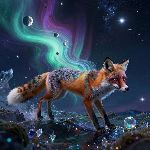 Cosmic Fox with Aurora Fur in Nebula Landscape