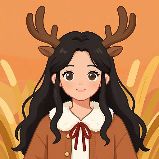 Digital anime-style drawing of a young woman with long black hair, brown antlers, and a brown coat with white fur collar, against an orange gradient