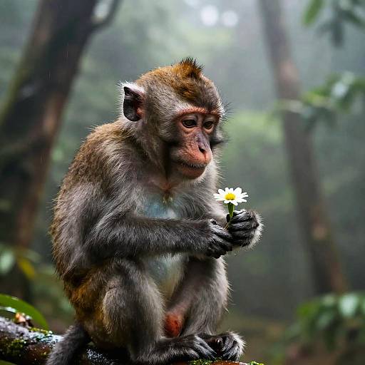 Photograph of a brown, furry monkey with a red face, holding a white flower in a misty, lush forest.