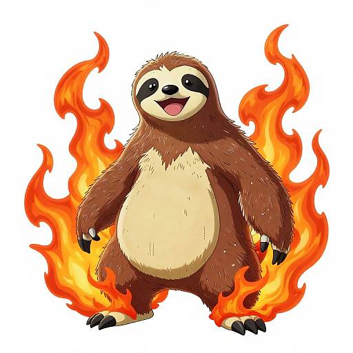 Cartoon-style illustration of a brown and cream-colored sloth with black eyes and a smiling mouth, standing amidst vibrant orange and yellow flames.