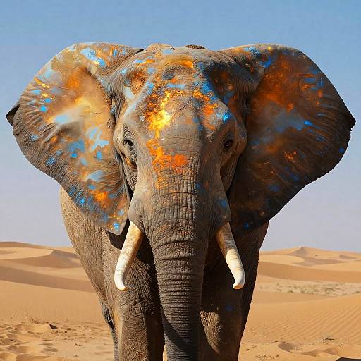 Photograph of a dust-covered African elephant with orange and blue paint splatters, standing in a sunlit desert with sand dunes.