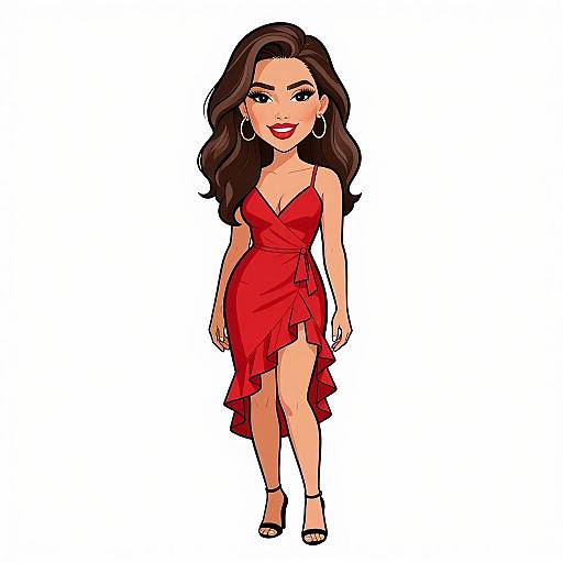 Cartoon-style illustration of a smiling woman with long brown hair in a red, asymmetrical, spaghetti-strap dress and black heels.