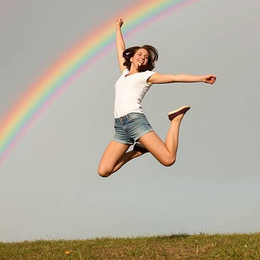 Photograph of a smiling Asian woman with short black hair, wearing a white t-shirt and denim shorts, jumping in mid-air against a clear sky with