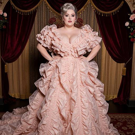 Photograph of a fair-skinned woman with blonde updo, wearing an elaborate, ruffled, pale pink ball gown, standing confidently in a luxurious