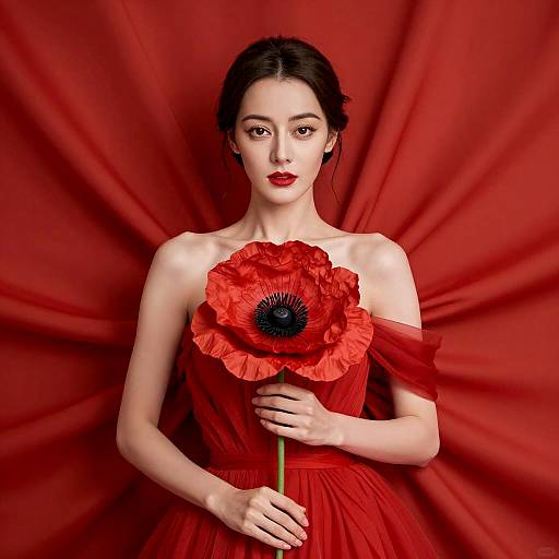 Elegant Woman in Red with Poppy