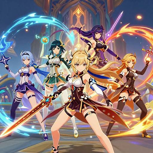 Digital anime artwork of five female warriors with colorful magic swords, standing in a glowing, cathedral-like background, each wielding unique energy.
