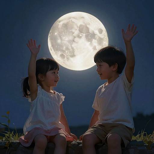 Toddler Siblings Waving Under Moonlight