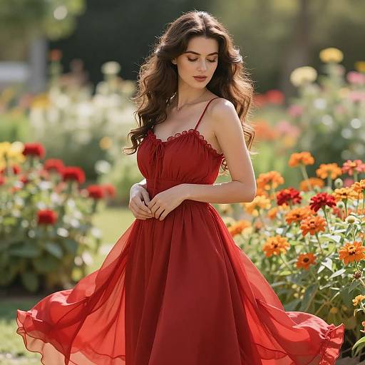 Elegant Woman in Red Cottagecore Dress
