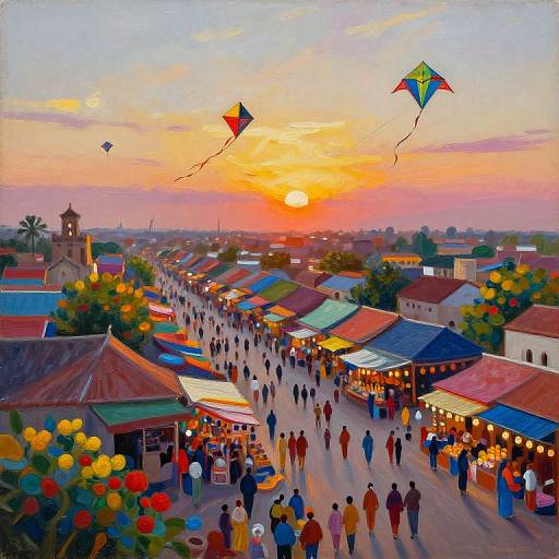 Twilight Market Aerial Oil Painting