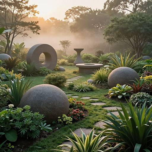Photograph of a serene, misty garden at sunrise, featuring large spherical stone sculptures, a circular arch, and lush greenery with diverse plants.