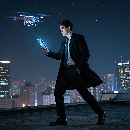 Futuristic Businessman Overseeing Drone Network