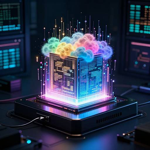 Digital artwork of a glowing, neon-lit, cube-shaped computer chip with colorful smoke, surrounded by vertical lines, on a black base.