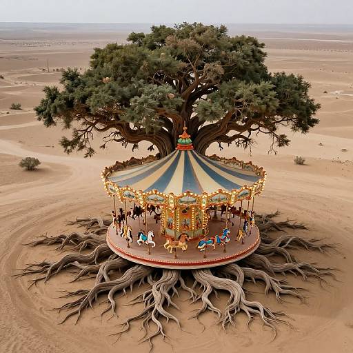 Photorealistic CGI image of a vibrant, illuminated carousel mounted on a large, ancient tree with extensive roots, set in a vast, sandy desert landscape