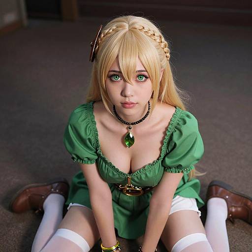 Photorealistic CGI of a blonde woman with green eyes, wearing a green dress, white stockings, and brown boots, kneeling on carpet.