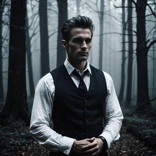 Gothic Man in Haunted Foggy Forest
