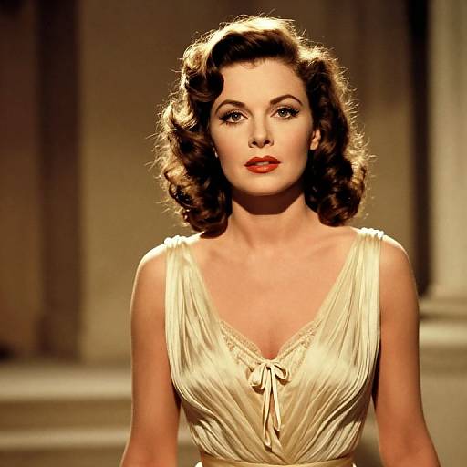 Vintage-style photograph of a fair-skinned woman with curled brown hair, wearing a cream-colored, deep V-neck dress with a bow, standing against a