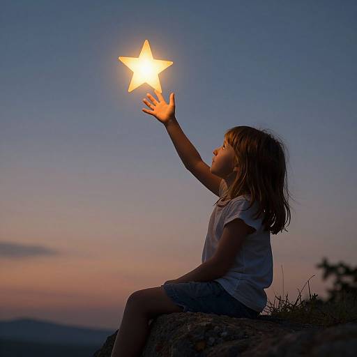 Photograph of a young girl with light brown hair, wearing a white shirt and gray shorts, reaching up to touch a glowing star against a twilight sky