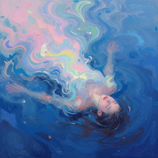 Digital painting of a pale-skinned child with dark hair, eyes closed, floating underwater in swirling blue and white abstract water.