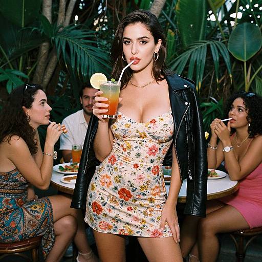 Photograph of a confident brunette woman in a floral dress and black leather jacket, sipping a drink with a straw, surrounded by three people dining in